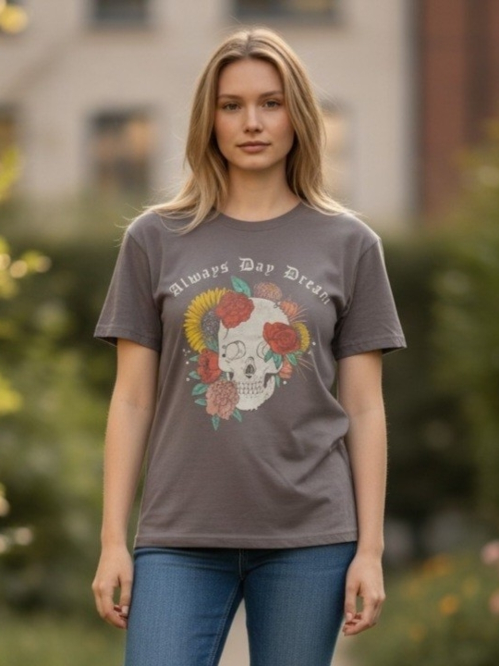 Margaux Gray Graphic Skull Tee with Floral Accents/
